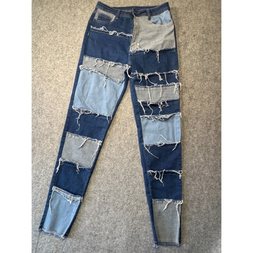 Jazz Denim Jeans Womens XL Blue Patchwork Stretch Distressed Streetwear Raw Hem